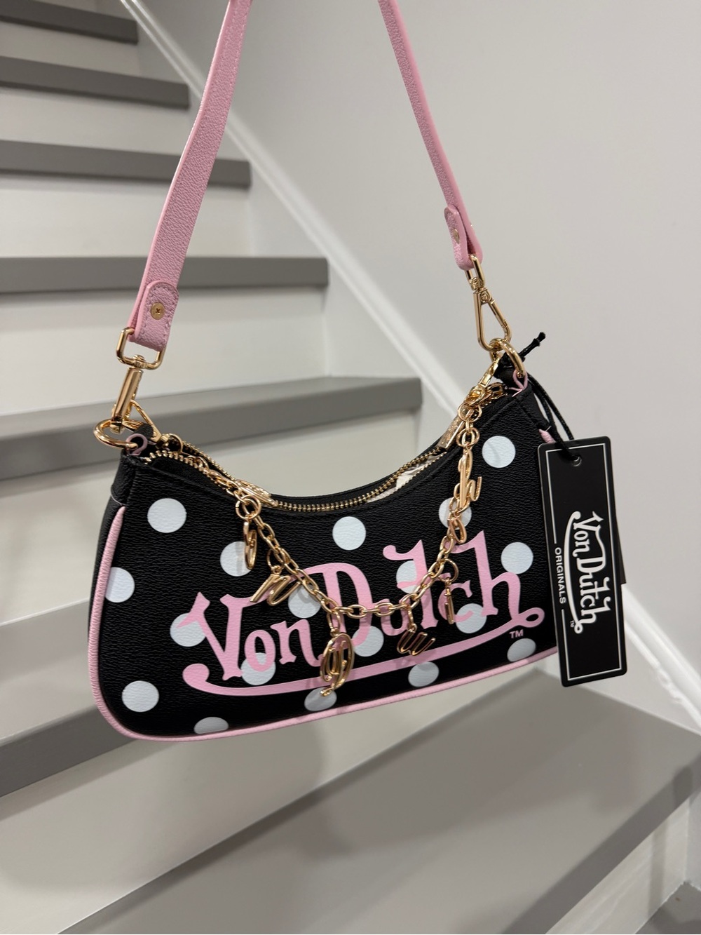 Von Dutch Black White Polka Dot Shoulder Bag with Pink Trim